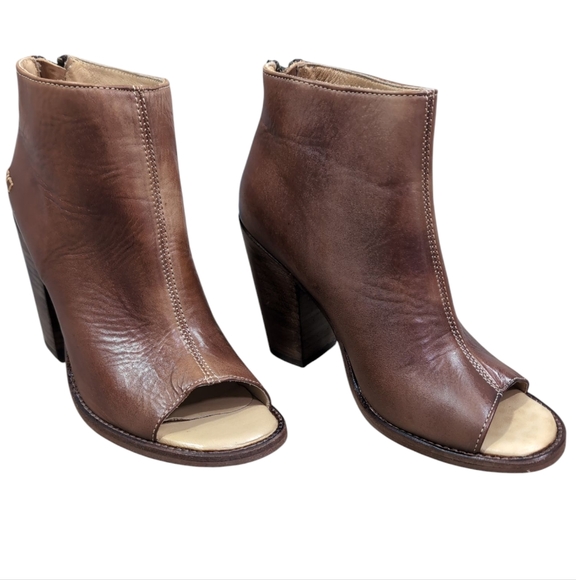 Bed Stu Shoes - Bed Stu Onset Open Toe Bootie Boot, Brown Leather, Stacked Heel, Women 7.5